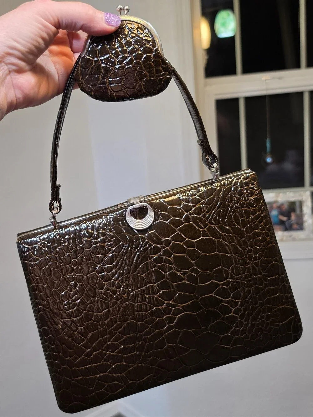 Rare 1950s Olive Croc Embossed Kelly Box Bag & Matching Coin Purse MCM Hardware